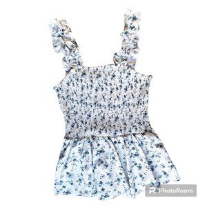 Shein Ruffle Smocked Peplum Flutter Tank White and Blue Floral Size Large